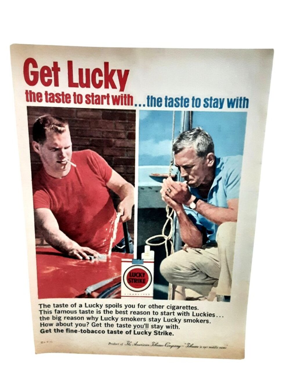 1962 Lucky Strike Cigarettes Vintage Print Ad Get Lucky Car Boat Smoking